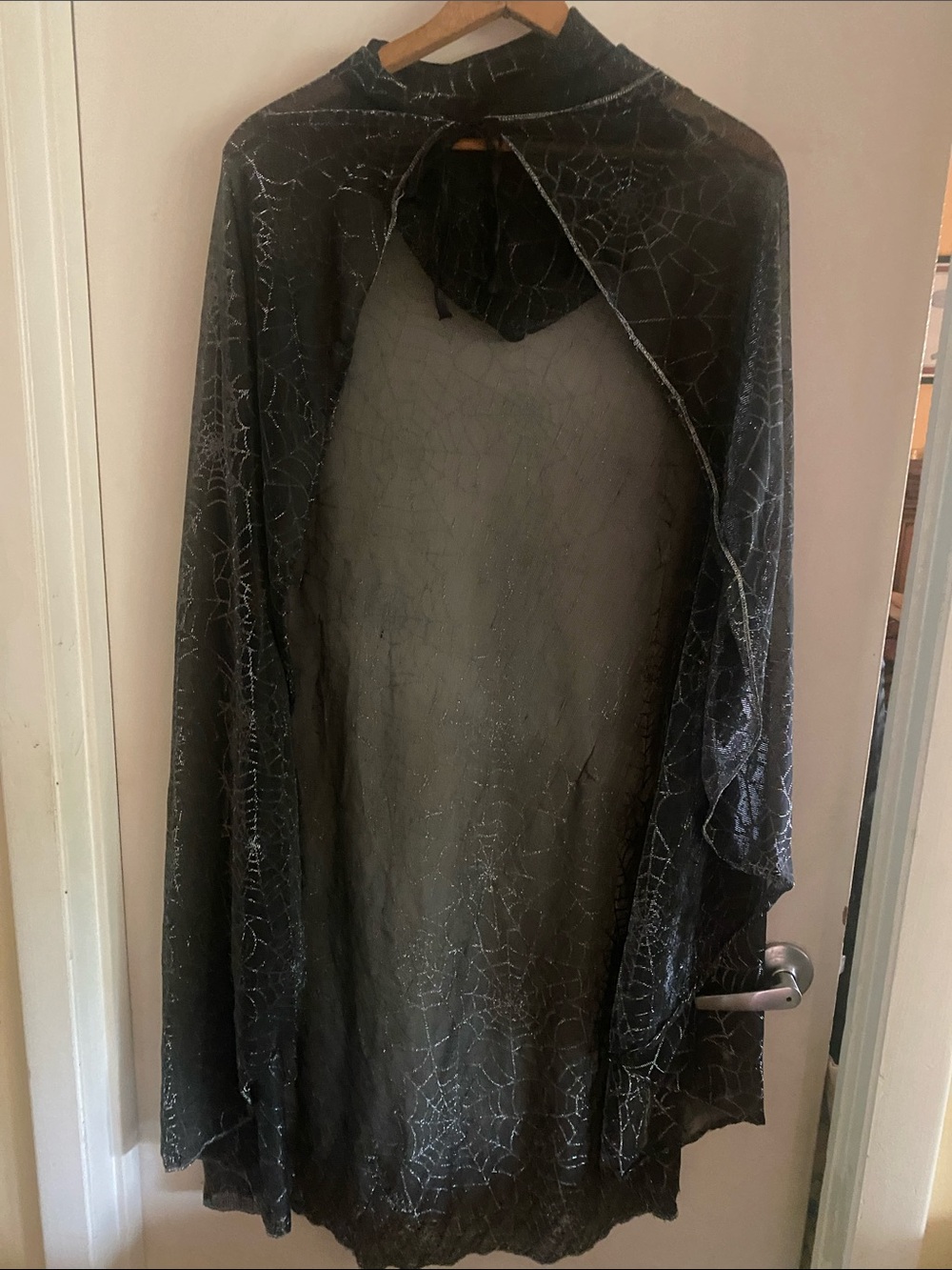 Halloween costume- Black Hooded Cape with Silver Spiderweb Detail